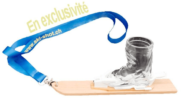 Set de 4 Ski-Shot avec mini-ski, comme décoration de table ou autour du cou pour être toujours prêt à faire santé 