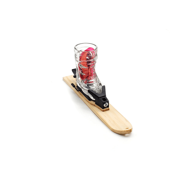 Ski-Shot avec son mini-ski, pour décoration de table ou autour du cou pour être toujours prêt à faire santé